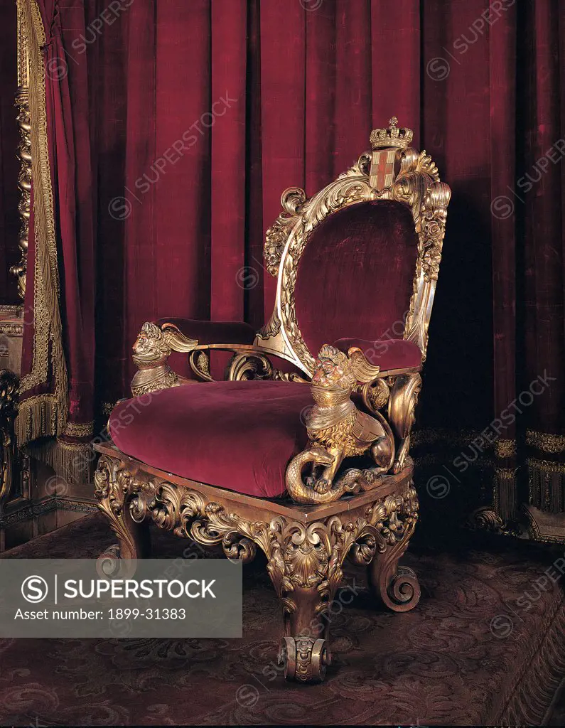 Throne, by Capello Gabriele, 1848, 19th Century, carved wood. Italy, Liguria, Genoa, Royal Palace. Whole artwork. Throne gold purple decoration wood.