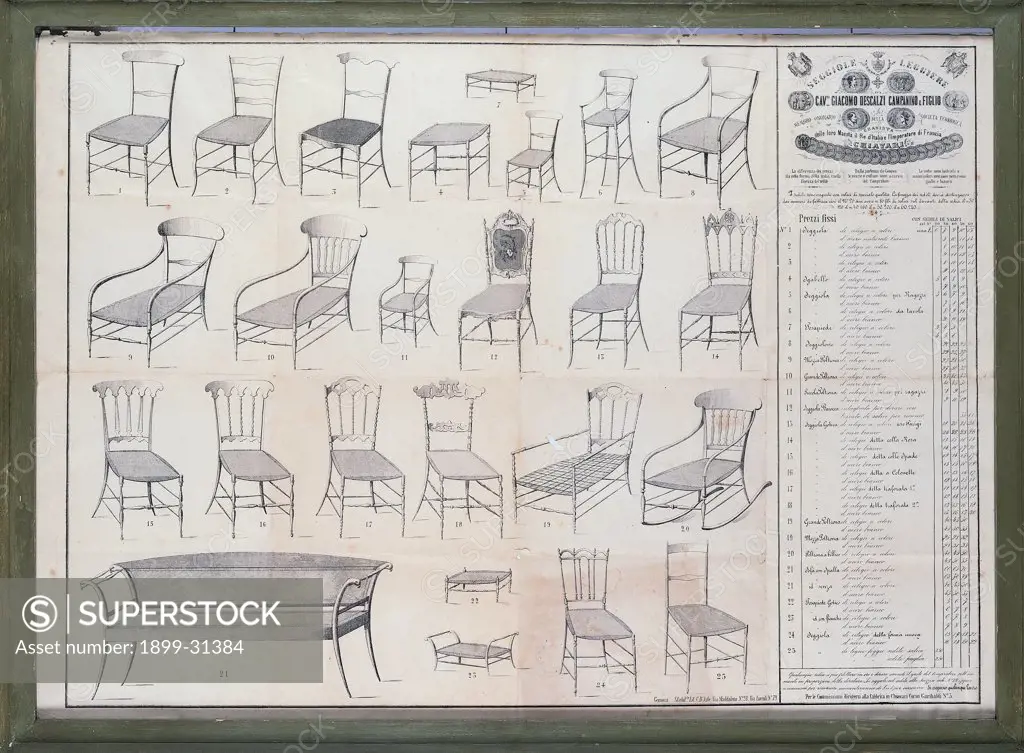 Various typologies of seats produced by the Descalzi Firm, by Unknown, 19th Century, Unknow. Italy, Liguria, Chiavari, Genoa, Private collection. Whole artwork. Print chairs benches drawing.