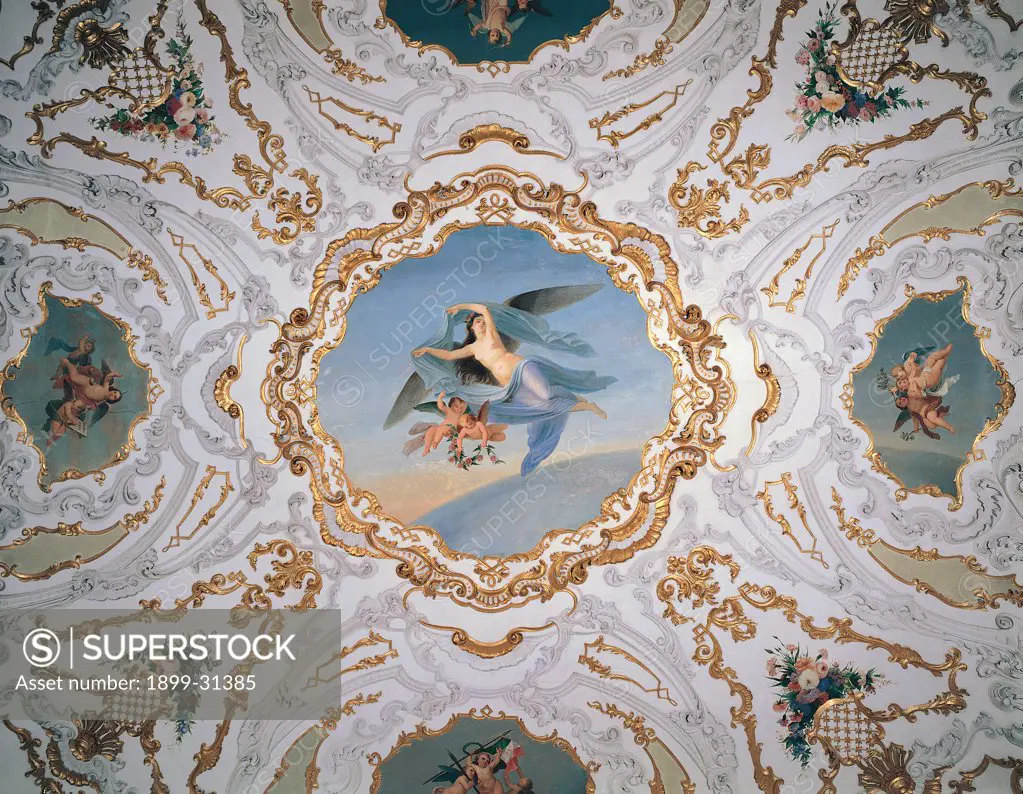 The Aurora ceiling with Putti, by Gavagnin Leonardo, 1853, 19th Century, fresco. Italy, Veneto, Venice, Royal Palace. Detail. Ceiling Aurora winged putti decoration plant volutes gold white pink.