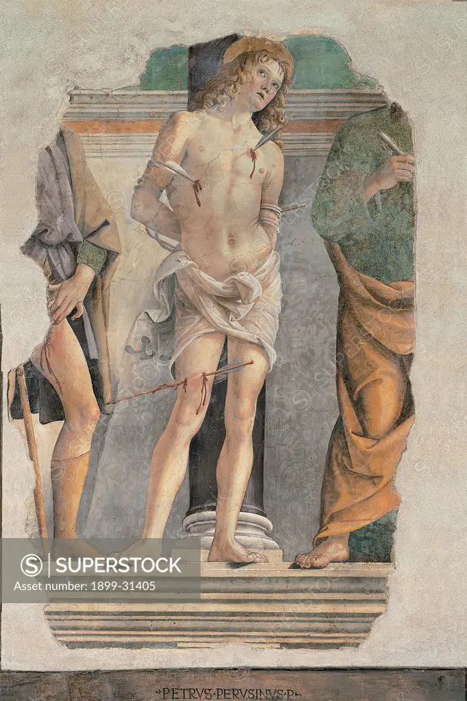 St Sebastian with fragments of St Roch and St Peter, by Vannucci Pietro known as Perugino, 1478 - 1478, 15th Century, fresco. Italy, Umbria, Cerqueto di Marsciano, Perugia, Parish Church of Santa Maria. Full view. St Sebastian St Roch St Peter halo column arrows keys steps green yellow grey beige white brown gold.