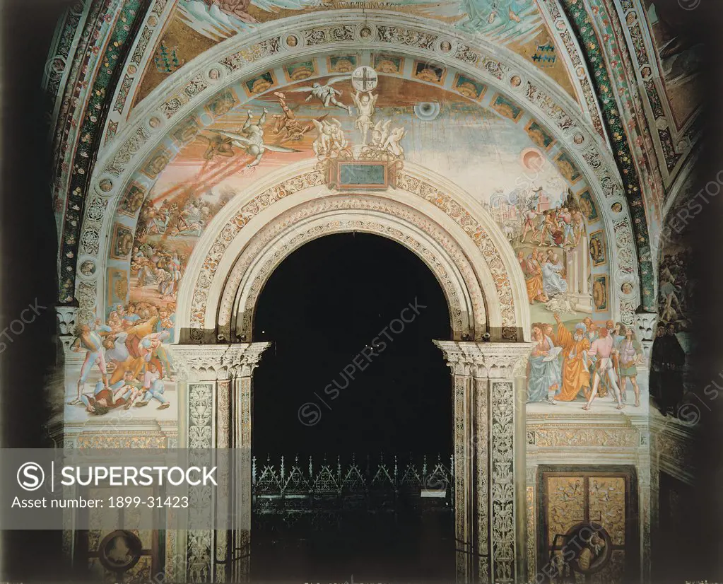 Apocalypse, by Signorelli Luca, 1499 - 1501, 15th Century, fresco. Italy, Umbria, Orvieto, Terni, Cathedral. Whole artwork. Above arch Last Judgement end of the world apocalypse Christ triumphant rising from the tomb resurrection of the dead damned and saved souls.
