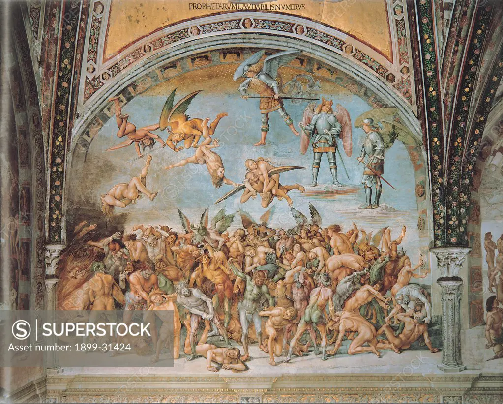 The Damned Souls in Hell, by Signorelli Luca, 1499 - 1504, 15th Century, fresco. Italy, Umbria, Orvieto, Terni, Cathedral, San Brizio Chapel. Whole artwork. Armed archangels devils host of damned souls torture bipartition of the composition upper part less dense angels sky clouds lower part group of damned souls confusion.