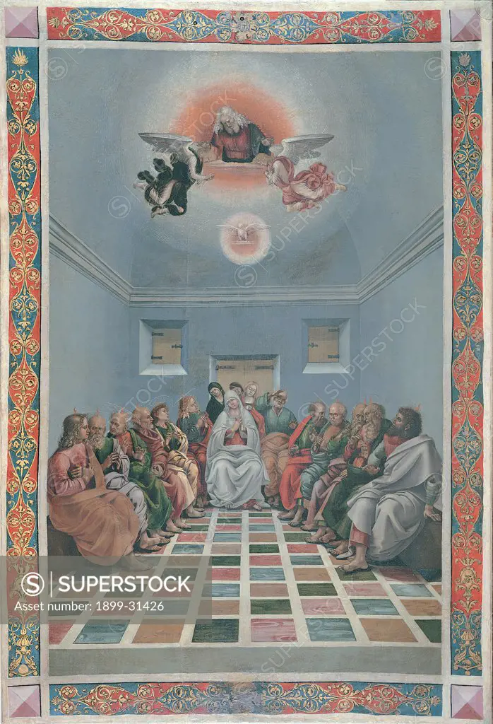 Standard (Crucifixion and The Descent of the Holy Spirit or The Pentecost), by Signorelli Luca, 1494, 15th Century, painting on canvas. Italy, Marche, Urbino, Ducal Palace, National Gallery of the Marche. Whole artwork. Pentecost door shut windows the Apostles the Virgin Mary the Pious Women God the Father angels dove the Holy Ghost heads flames floor panels perspective.