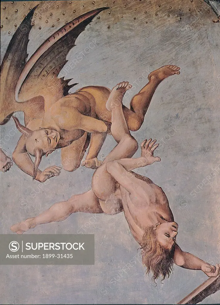 The Damned Souls in Hell, by Signorelli Luca, 1499 - 1504, 15th Century, fresco. Italy, Umbria, Orvieto, Terni, Cathedral, San Brizio Chapel. Detail. Winged devil driving naked damned sky.