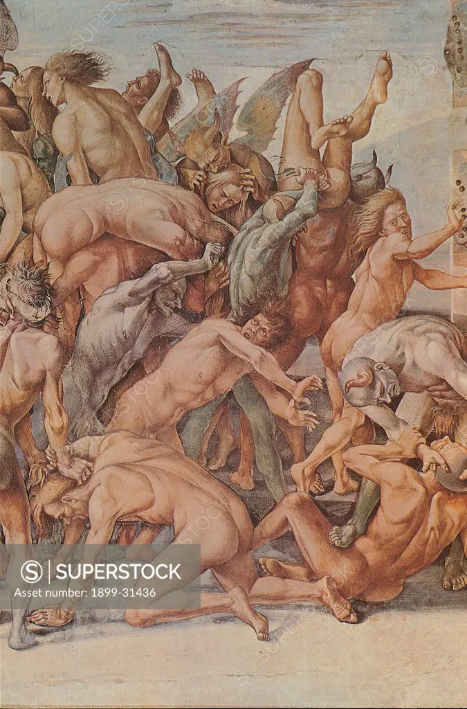 The Damned Souls in Hell, by Signorelli Luca, 1499 - 1504, 15th Century, fresco. Italy, Umbria, Orvieto, Terni, Cathedral, San Brizio Chapel. Detail. Group of naked damned drove by devils mess Last Judgment.