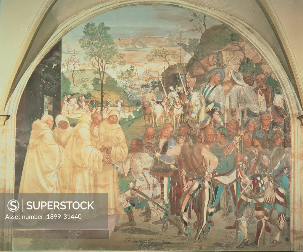Benedict Recognizing and Welcoming Totila, by Signorelli Luca, 1497 - 1498, 15th Century, fresco. Italy, Tuscany, Chiusure, Siena, Monte Oliveto Maggiore Abbey. Whole artwork. St Benedict welcoming Totila Goth general monks dressed in a white habit army armed men on horseback on foot soldiers horsemen landscape.