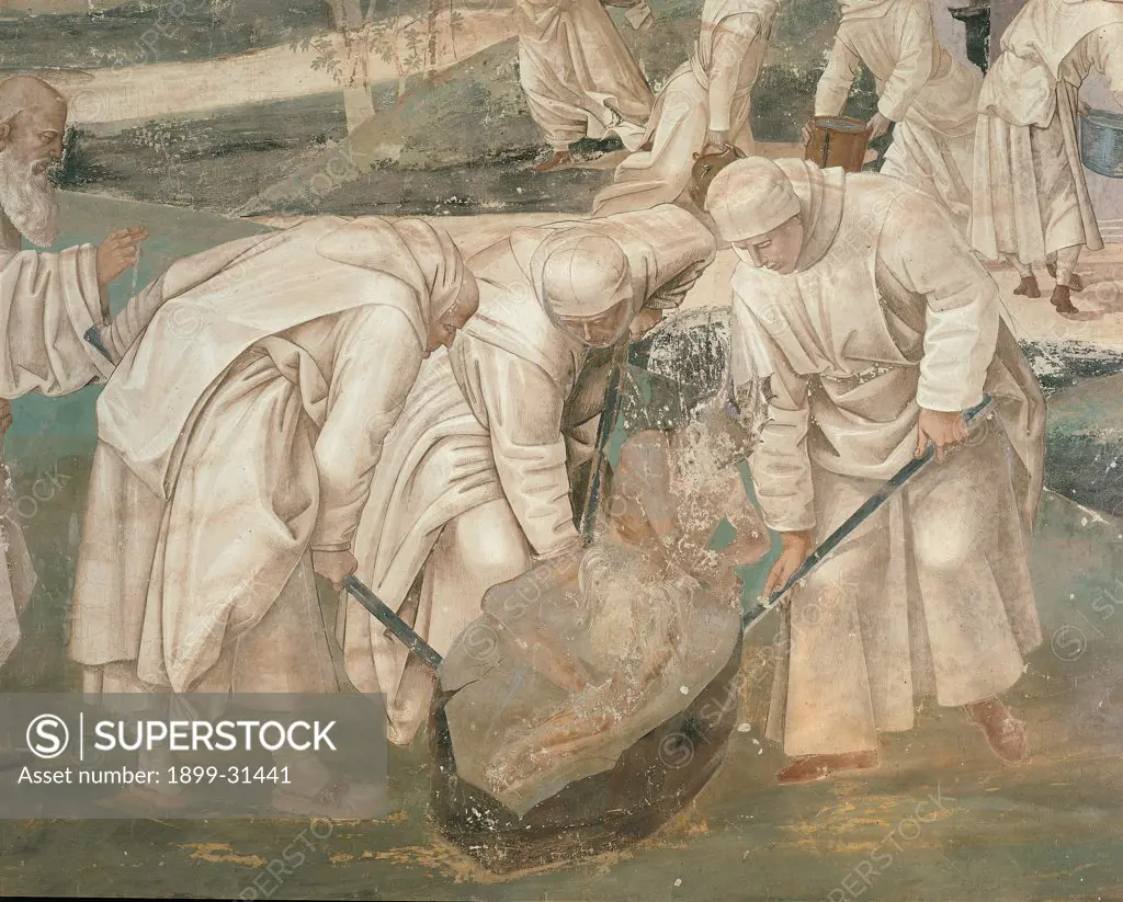 Benedict Pushing the Enemy on the Stone, by Signorelli Luca, 1498, 15th Century, fresco. Italy, Tuscany, Chiusure, Siena, Monte Oliveto Maggiore Abbey. Detail. Three monks around the stone.