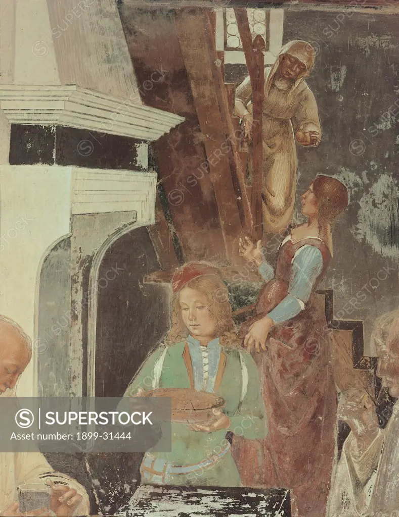 Benedict Telling the Monks Where and When they Had Eaten out of the Monastery, by Signorelli Luca, 1497 - 1498, 15th Century, fresco. Italy, Tuscany, Chiusure, Siena, Monte Oliveto Maggiore Abbey. Detail. The servant and the two women near the stairs.