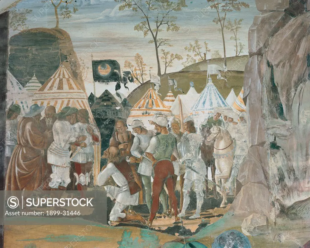 Benedict Discovering Totila's Pretence, by Signorelli Luca, 1497 - 1498, 15th Century, fresco. Italy, Tuscany, Chiusure, Siena, Monte Oliveto Maggiore Abbey. Detail. Scene in the background warriors army tents camp.