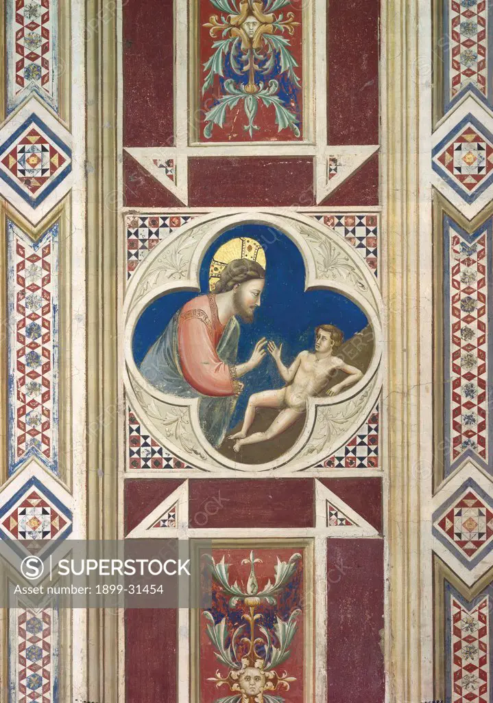 Fresco cycle in the Scrovegni Chapel, by Giotto, 1304 - 1306, 14th Century, fresco. Italy, Veneto, Padua, Scrovegni Chapel. Ornamental bands of the creation of Adam Christ halo. aureole quatrefoil frame. cornice.