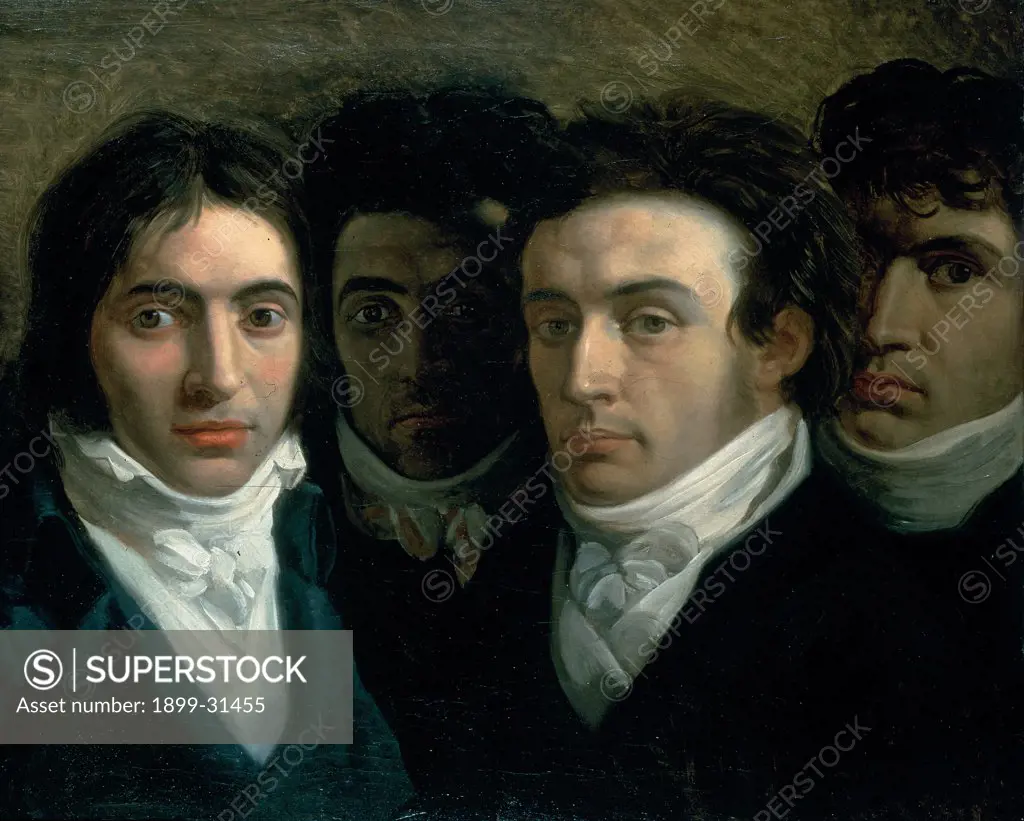 Self-portrait with Gaetano Cattaneo and Carlo Porta (The Portain Chamber), by Bossi Giuseppe, 1809, 19th Century, oil on canvas. Italy, Lombardy, Milan, Brera Art Gallery. Whole artwork. Triple portrait intellectuals scholars writers men.