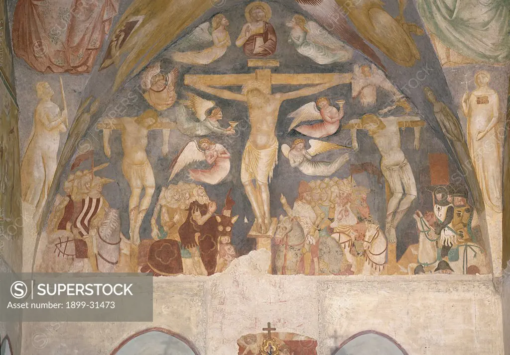 Crucifixion, by Maestro di Sant'Agostino, 14th Century, fresco. Italy, Veneto, Vicenza, Sant'Agostino abbey. Whole artwork. Crucifixion God Father robbers angels soldiers horses Jesus Christ brownish hues: tones brown beige light blue.
