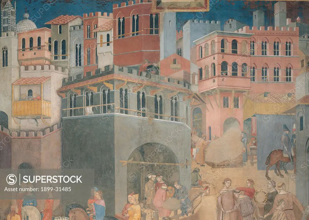The Effects of Good Government in the City, by Lorenzetti Ambrogio, 1338 - 1339, 14th Century, fresco. Italy, Tuscany, Siena, Palazzo Pubblico. Detail. Architecture palaces buildings town people townsmen red blue gray pink.