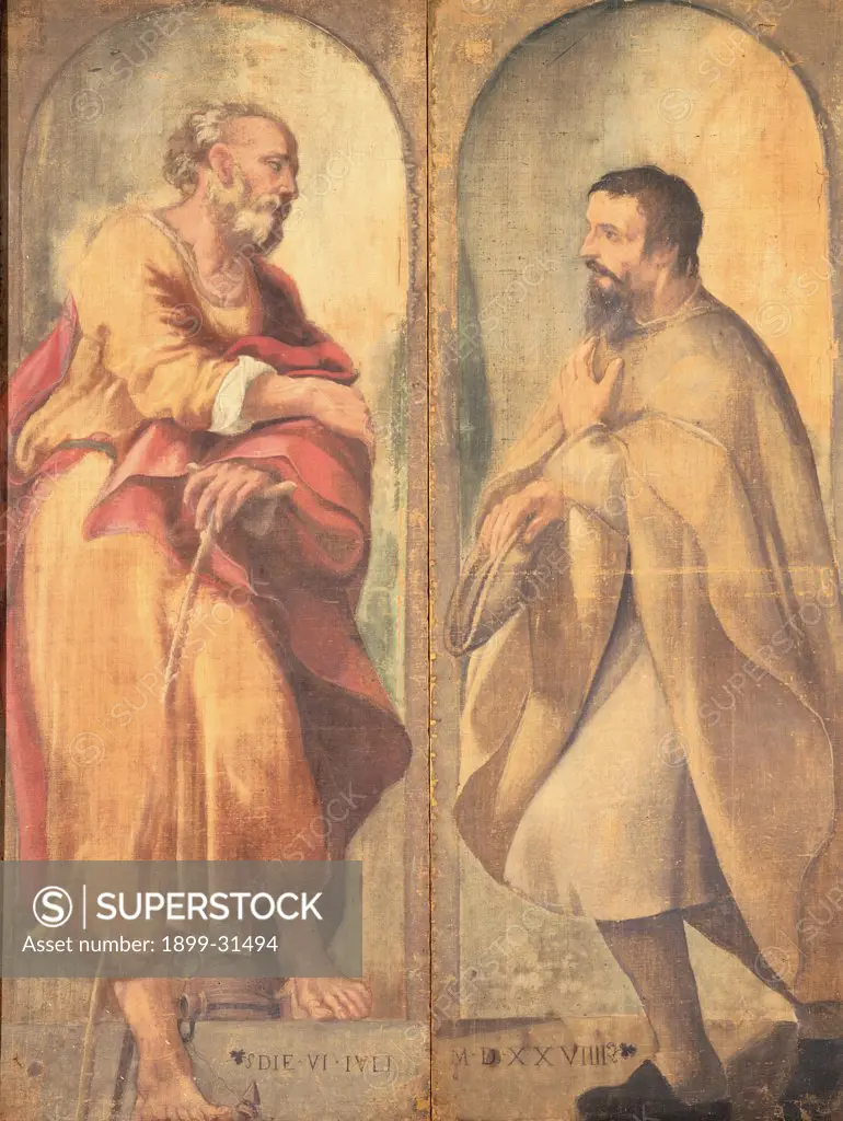 St Joseph and Donor, by Allegri Antonio known as Correggio, 1529 - 1529, 16th Century, tempera on canvas. Italy, Campania, Naples, Capodimonte National Museum and Galleries. Whole artwork. Diptych on the left old St Joseph stick on the right client.