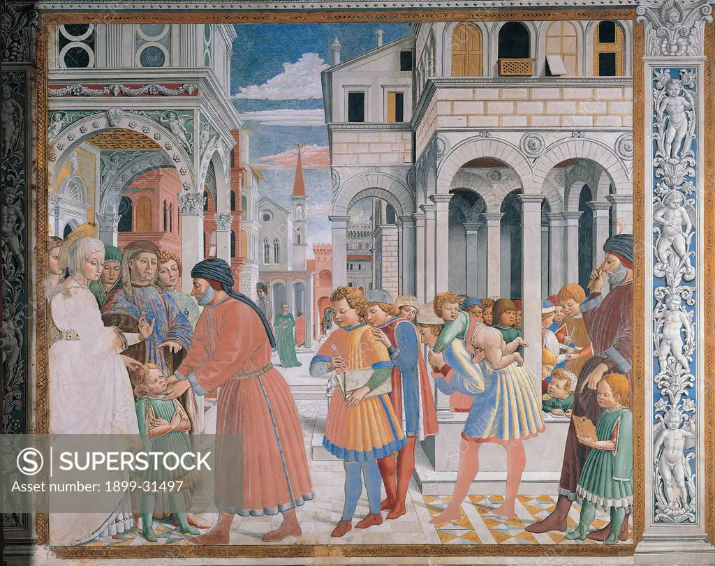 Stories of St Augustine ofThe school of Tagaste, by Benozzo di Lese di Sandro known as Benozzo Gozzoli, 1465 - 1465, 15th Century, fresco. Italy, Tuscany, San Gimignano, Siena, St Augustine church, choir. Full view. St Augustine is given to the grammar teacher. Palaces people pillars arches red blue white orange.