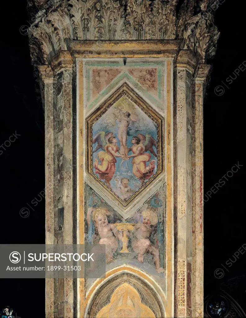 Mary Magdalene Taken up to Heaven by Angels, by d'Agnolo Andrea known as Andrea del Sarto, 1500 - 1510, 16th Century, fresco. Italy, Tuscany, Florence, Orsanmichele Church. Whole artwork. Decoration pilaster strip Mary Magdalene small angels square rhombus putti: cherubs cup.