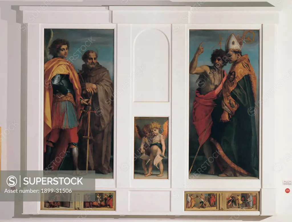 Vallombrosa altarpiece, by d'Agnolo Andrea known as Andrea del Sarto, 1528, 16th Century, panel. Italy, Tuscany, Florence, Uffizi Gallery. Whole artwork. Altarpiece polyptych panels saints St Andrew cuirass: armor footwear sword monk saint habit: tunic cross putti: cherubs St John the Baptist processional cross bishop saint tiara cope.