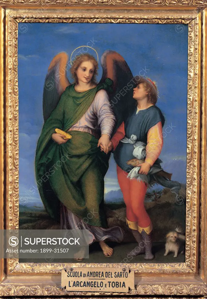 Archangel Raphael with Tobias, by school d'Agnolo Andrea detto Andrea del Sarto, 17th Century, oil on panel. Italy, Tuscany, Florence, Palazzo Pitti, Palatine Gallery. Whole artwork. Archangel Raphael wings halo: aureole clothes: dress mantle: cloak boy Tobias bundle jacket tailcoat leotard dog small dog blue yellow green red.