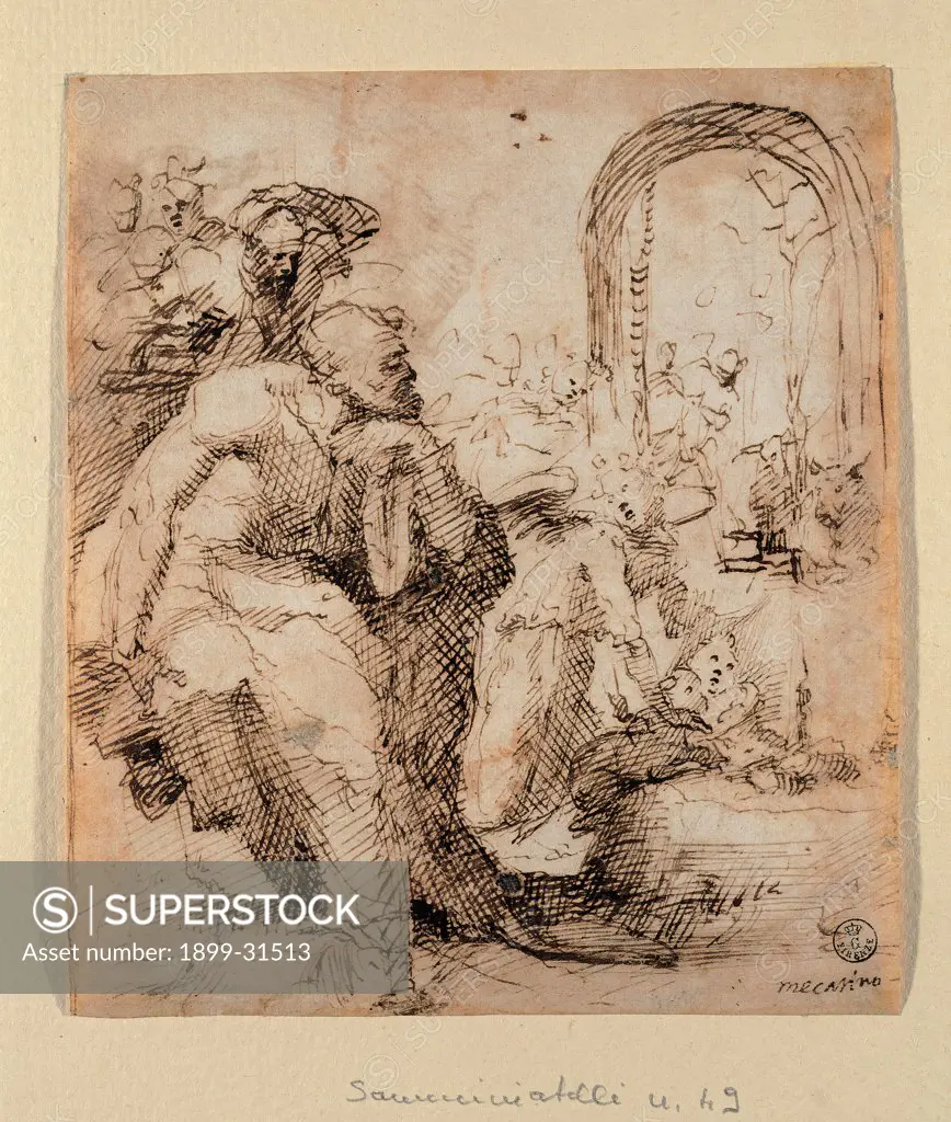 Study for the Nativity of St Martin, by Domenico di Giacomo di Pace known as Beccafumi Domenico, 1522, 16th Century, pen. Italy, Tuscany, Florence, Uffizi Gallery, Drawings and Prints Cabinet. Whole artwork. Drawing hatching man arch sepia tones: hues.
