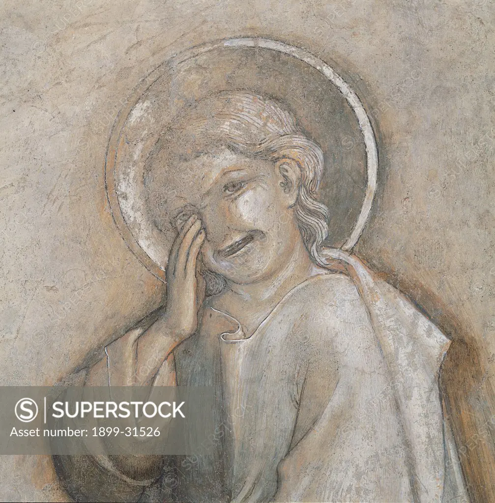 Crucifixion, by Salimbeni Jacopo, 15th Century, fresco torn down. Italy, Umbria, Perugia, National Gallery of Umbria. Detail. Saint St John the Evangelist mourning weeping: tears grief suffering.