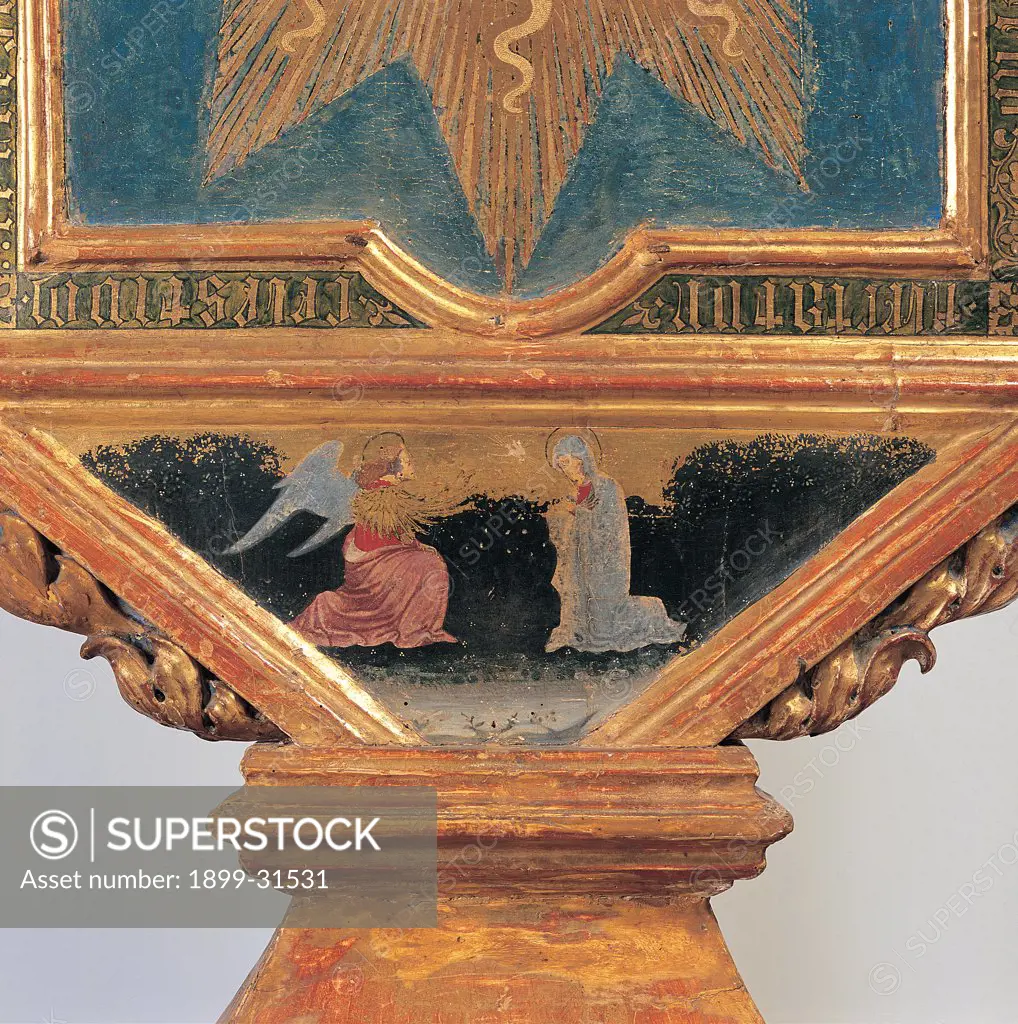 Banner, by Master of Staffolo, 15th Century, tempera on board. Italy, Umbria, Assisi, Perugia, Treasure Museum. Detail. Reversed pedestal having the shape of a truncated pyramid verso Annunciation Archangel Gabriel St Mary Virgin Madonna dove symbol Holy Spirit: Ghost letters inscription gold letters rays radial pattern volutes.