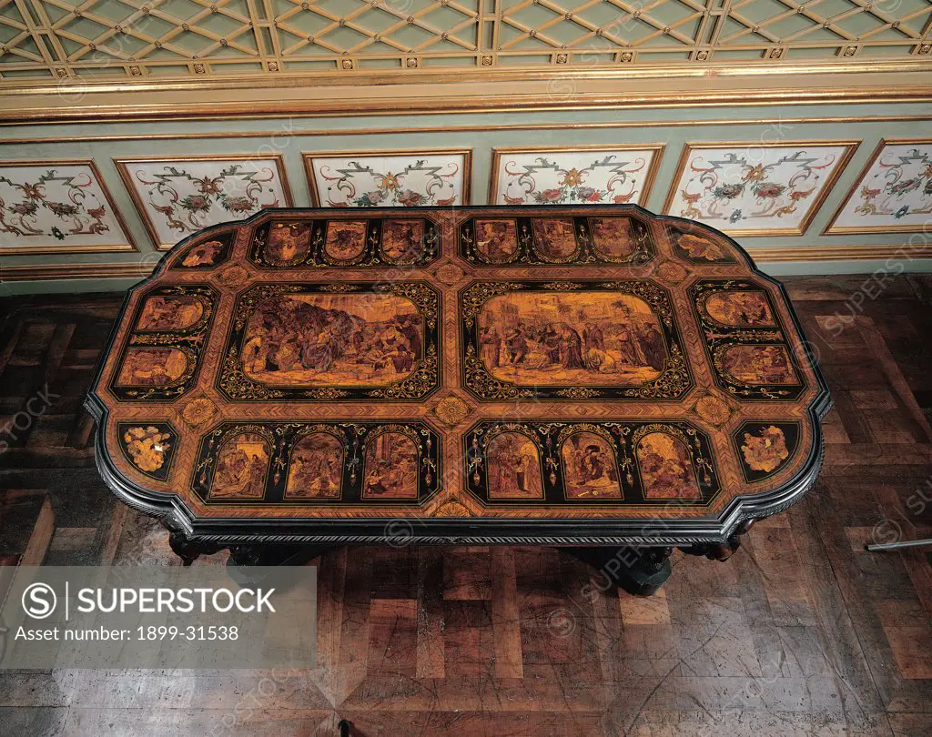 Table, by Ciaudo Giuseppe, 1842, 19th Century, mahogany wood, avory inlaid. Italy, Piemonte, Turin, Royal Palace. Top view table inlaid top biblical scenes.
