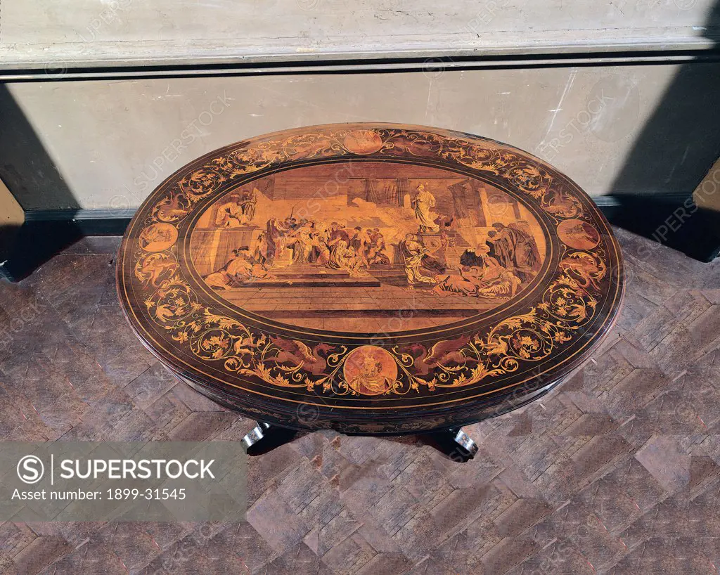 Table, by Unknown, 19th Century, wood carved and inlaid. Italy, Piemonte, Turin, Royal Palace. Top view table inlaid top.