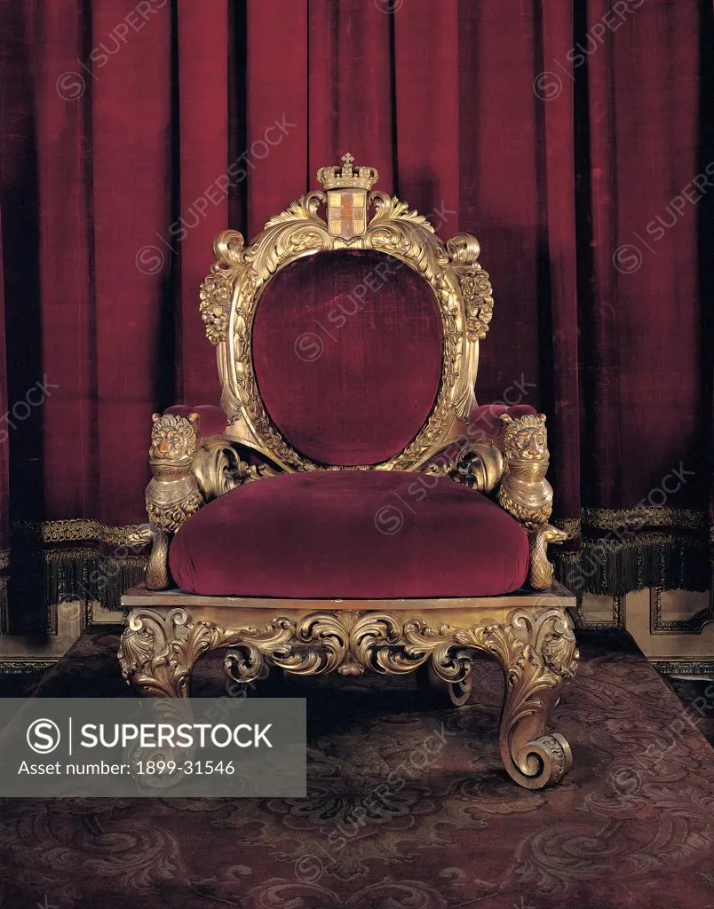 Throne, by Capello Gabriele, 1848, 19th Century, carved wood. Italy, Liguria, Genoa, Royal Palace. Whole artwork. Throne high chair armchair padding: upholstery gold volutes rinceaux velvet coat of arms crown red.