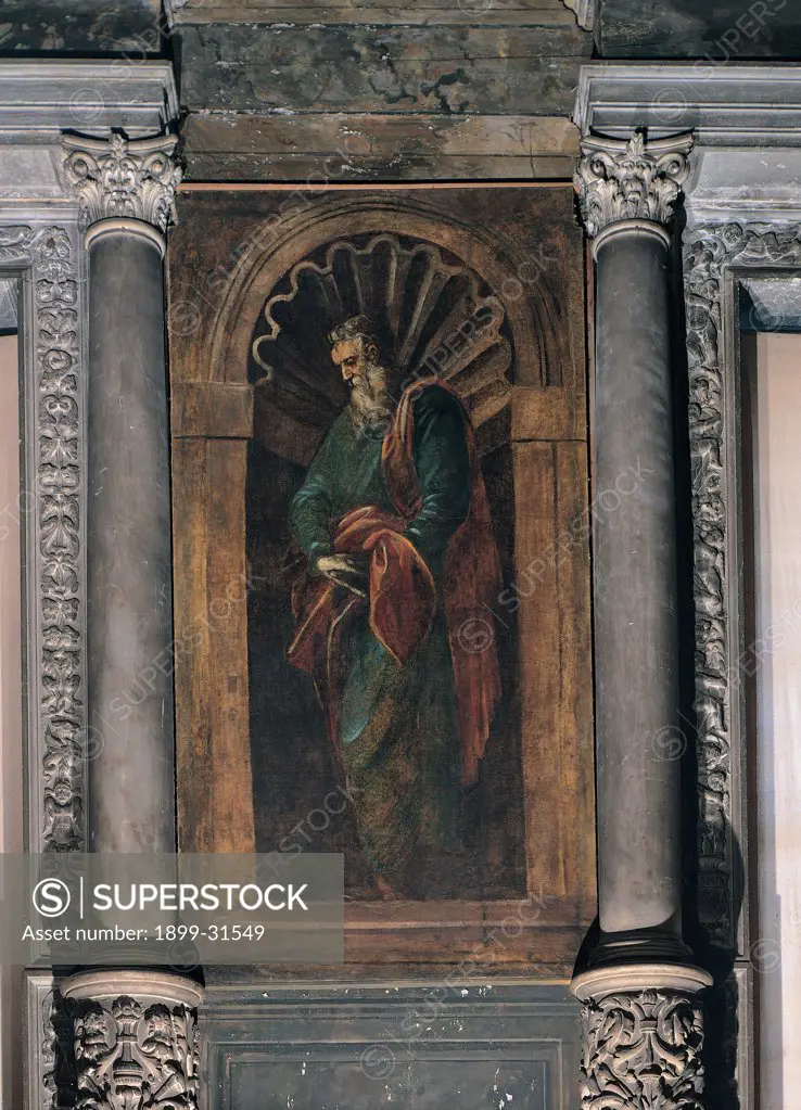 Prophet, by Robusti Jacopo known as Tintoretto, 1566, 16th Century, fresco. Italy, Veneto, Venice, Scuola Grande di San Rocco. Whole artwork. Niche two Corinthian columns with decorated cylindrical plinth fresco with a trompe l'oeil niche standing prophet in profile iconography of the old wise man.