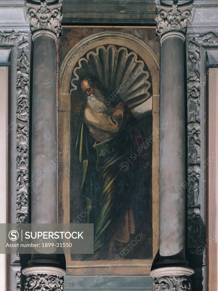 Prophet, by Robusti Jacopo known as Tintoretto, 1566, 16th Century, fresco. Italy, Veneto, Venice, Scuola Grande di San Rocco. Whole artwork. Niche two Corinthian columns decorated cylindrical plinth fresco with a trompe l'oeil niche prophet standing in profile iconography of the old wise man.