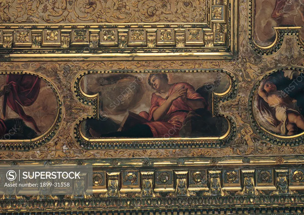 Allegory of Goodness, by Robusti Jacopo known as Tintoretto, 1564 - 1567, 16th Century, Unknow. Italy, Veneto, Venice, Scuola Grande di San Rocco, Sala dell'Albergo, ceiling. Whole artwork. Frame with varying lines of projection allegory of generosity folded arms shyness red dress: garment drapery: draping.