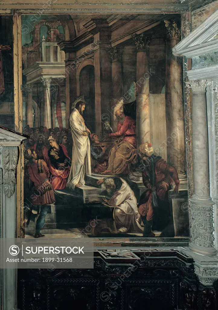 Christ before Pilate, by Robusti Jacopo known as Tintoretto, 1566 - 1567, 16th Century, oil on canvas. Italy, Veneto, Venice, Scuola Grande di San Rocco, Sala dell'Albergo. Whole artwork. Jesus Christ halo cloak: mantle sheet steps stairs onlookers bystanders small figures crowd Pontius Pilate Roman governor bowl jug water trial man crouching scribe palaces columns capitals.