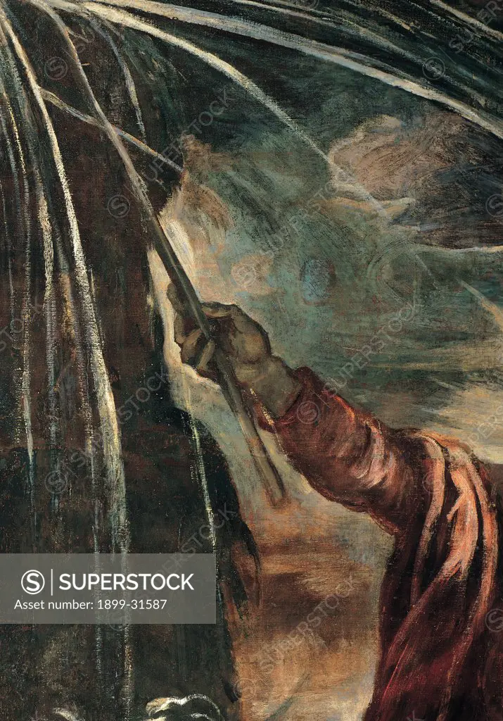 Moses Draws Water from a Rock, by Robusti Jacopo known as Tintoretto, 1577, 16th Century, fresco. Italy, Veneto, Venice, Scuola Grande di San Rocco, Upper Hall. Detail. Centre mid-field Moses' hand drawing water from rock.