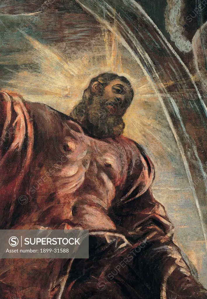 Moses Draws Water from a Rock, by Robusti Jacopo known as Tintoretto, 1577, 16th Century, fresco. Italy, Veneto, Venice, Scuola Grande di San Rocco, Upper Hall. Detail. Face and trunk of Moses holding hand towards rock water gushing from rock rays of light.