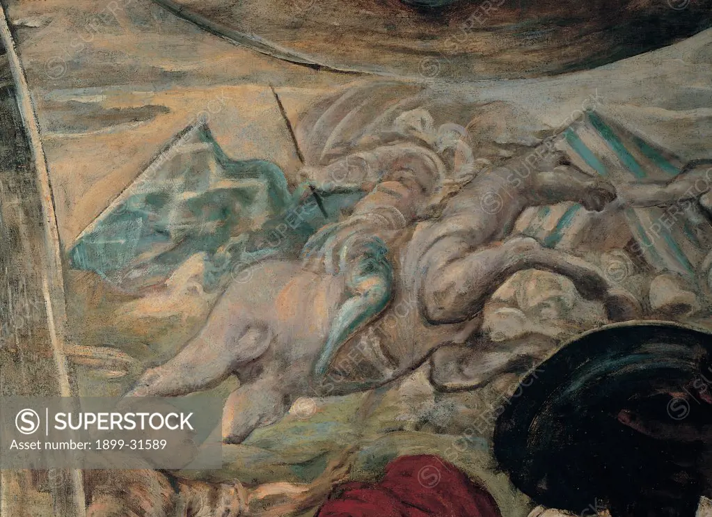 Moses Draws Water from a Rock, by Robusti Jacopo known as Tintoretto, 1577, 16th Century, fresco. Italy, Veneto, Venice, Scuola Grande di San Rocco, Upper Hall. Detail. On right bright background man galloping on horseback.