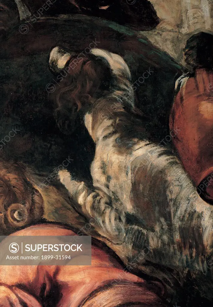 Moses Draws Water from a Rock, by Robusti Jacopo known as Tintoretto, 1577, 16th Century, fresco. Italy, Veneto, Venice, Scuola Grande di San Rocco, Upper Hall. Detail. Bottom right foreground dog.
