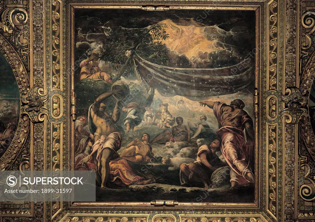 The Miracle of the Manna, by Robusti Jacopo known as Tintoretto, 1592 - 1594, 16th Century, canvas. Italy, Veneto, Venice, Scuola Grande di San Rocco, Upper Hall, ceiling. Whole artwork. Jews Hebrews and Moses gathering manna sent from Heaven with baskets and sheets.