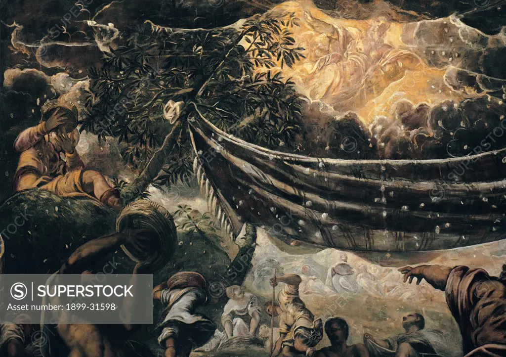 The Miracle of the Manna, by Robusti Jacopo known as Tintoretto, 1577, 16th Century, fresco. Italy, Veneto, Venice, Scuola Grande di San Rocco, Upper Hall. Detail. Miracle shower of manna cloth: drape clouds sky shaft of light God the Father men Israelites.