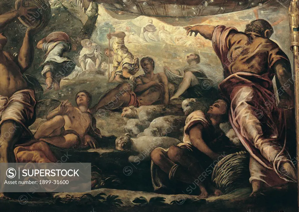 The Miracle of the Manna, by Robusti Jacopo known as Tintoretto, 1577, 16th Century, fresco. Italy, Veneto, Venice, Scuola Grande di San Rocco, Upper Hall. Detail. Israelites miracle shower of manna men women sheep lambs flock men back G81view arm raised bright light clouds sky divine light.