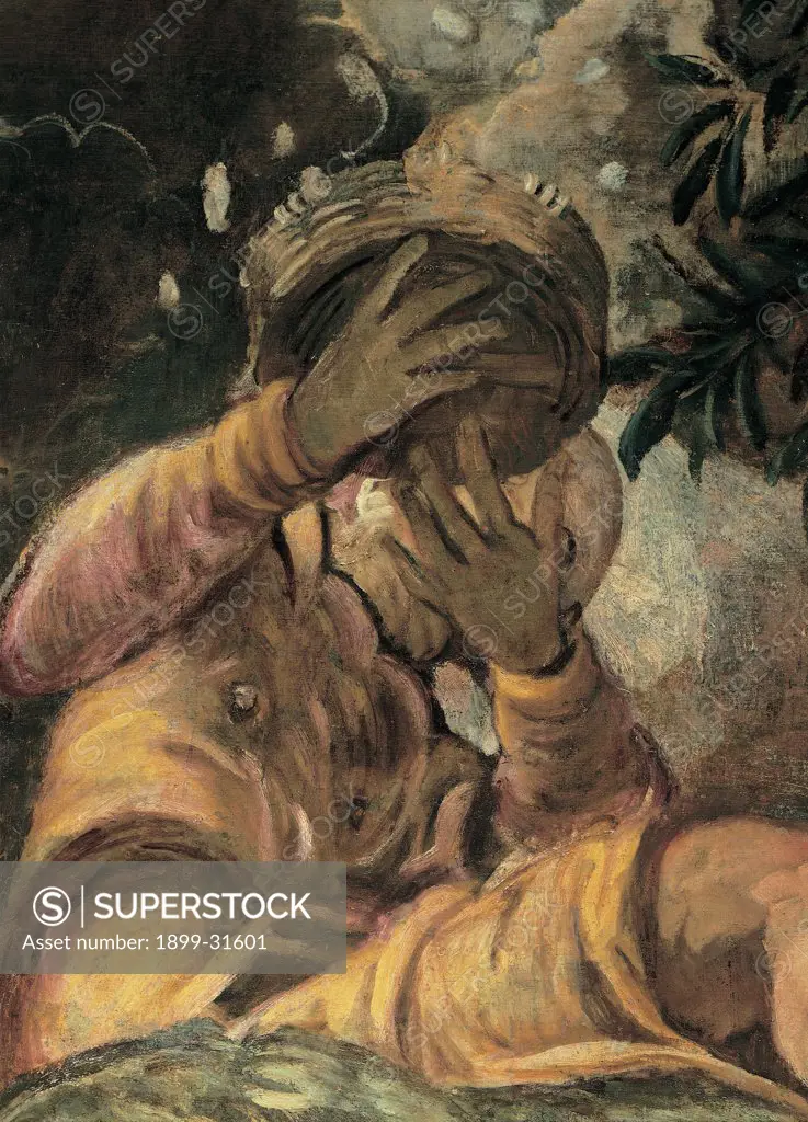 The Miracle of the Manna, by Robusti Jacopo known as Tintoretto, 1577, 16th Century, fresco. Italy, Veneto, Venice, Scuola Grande di San Rocco, Upper Hall. Detail. Man Israelite clothes: dress drapery: draping basket harvest shower of manna yellow pink white.