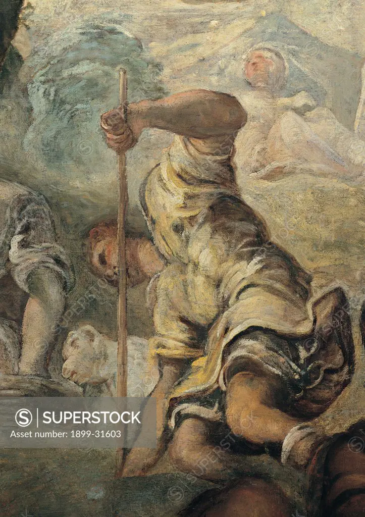 The Miracle of the Manna, by Robusti Jacopo known as Tintoretto, 1577, 16th Century, fresco. Italy, Veneto, Venice, Scuola Grande di San Rocco, Upper Hall. Detail. Miracle man stick staff sheep lamb clothes: dress tunic: habit drapery: draping white yellow clouds shaft of light foreshortened view looking upwards.