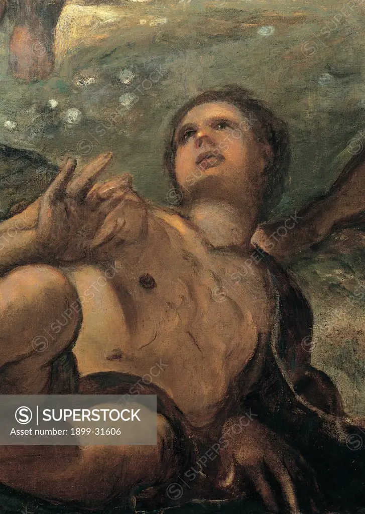 The Miracle of the Manna, by Robusti Jacopo known as Tintoretto, 1577, 16th Century, fresco. Italy, Veneto, Venice, Scuola Grande di San Rocco, Upper Hall. Detail. Young boy half-torso chest shower of manna miracle.