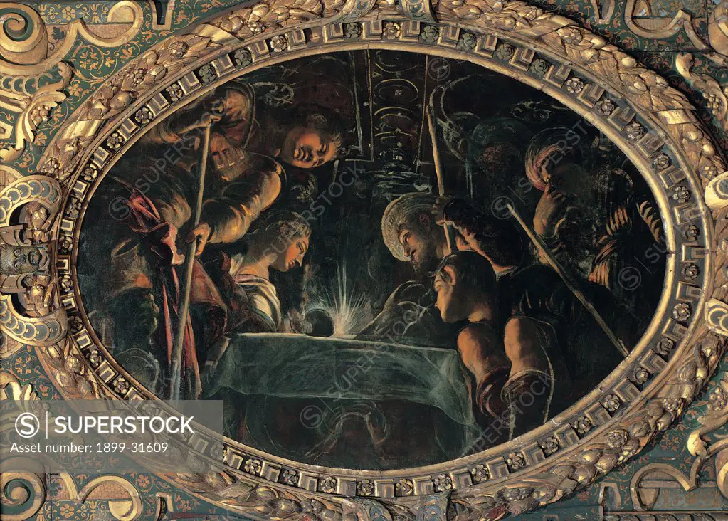 The Passover, by Robusti Jacopo known as Tintoretto, 1577, 16th Century, fresco. Italy, Veneto, Venice, Scuola Grande di San Rocco, Upper Hall. Whole artwork. Tondo men woman table light coffered ceiling dim light gilded carved wooden frame.