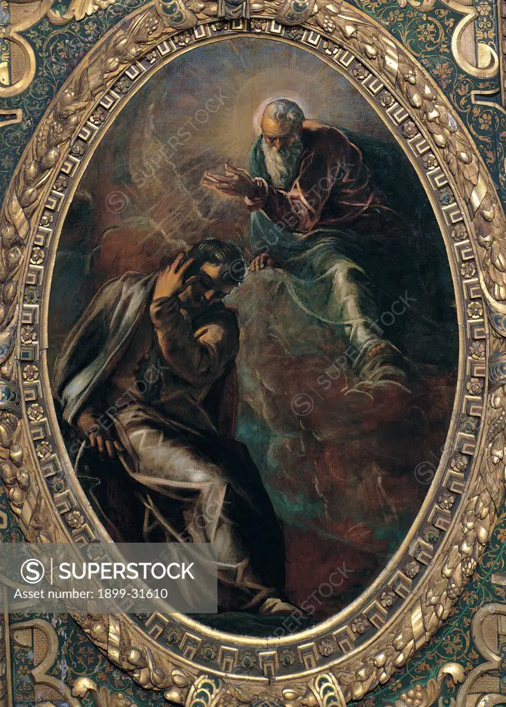 The Eternal Father Appears to Moses, by Robusti Jacopo known as Tintoretto, 1577, 16th Century, fresco. Italy, Veneto, Venice, Scuola Grande di San Rocco, Upper Hall. Whole artwork. Tondo ceiling gilded carved wooden frame God the Father old man white beard hands folded rays of light man Moses prophet clothes: dress cloak: mantle drapery: draping.