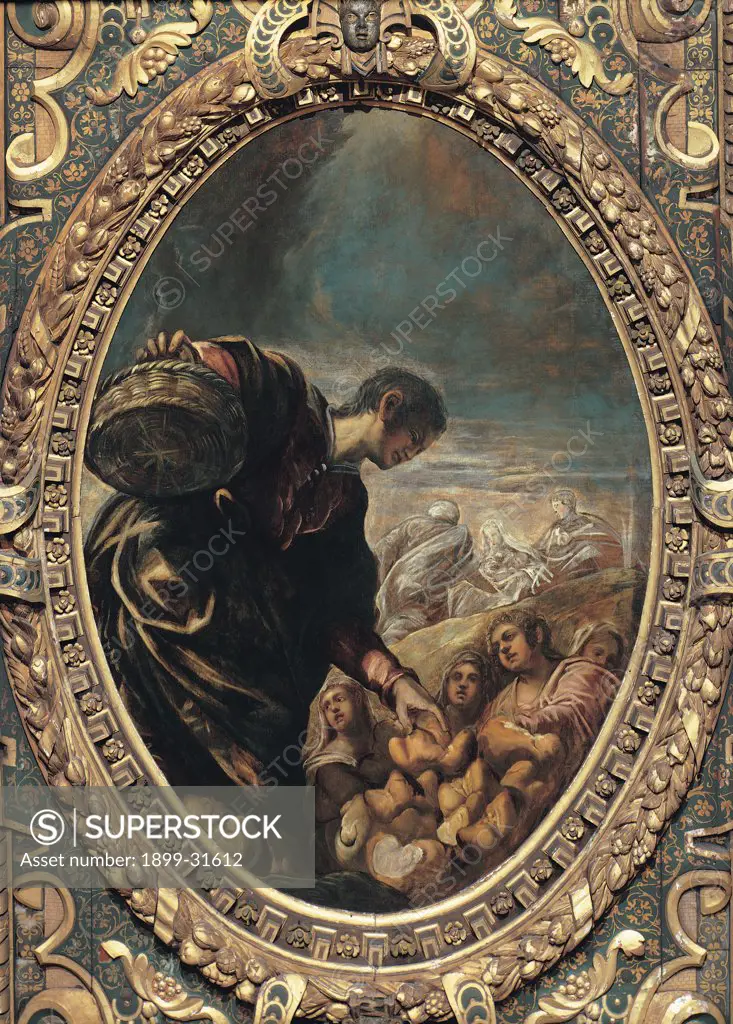 Elisha Multiplies the Bread, by Robusti Jacopo known as Tintoretto, 1577, 16th Century, fresco. Italy, Veneto, Venice, Scuola Grande di San Rocco, Upper Hall. Whole artwork. Israelites people Jews Hebrews bread man Elisha miracle foreshortened view side cloak: mantle drapery: draping dim light basket gilded carved wooden frame.