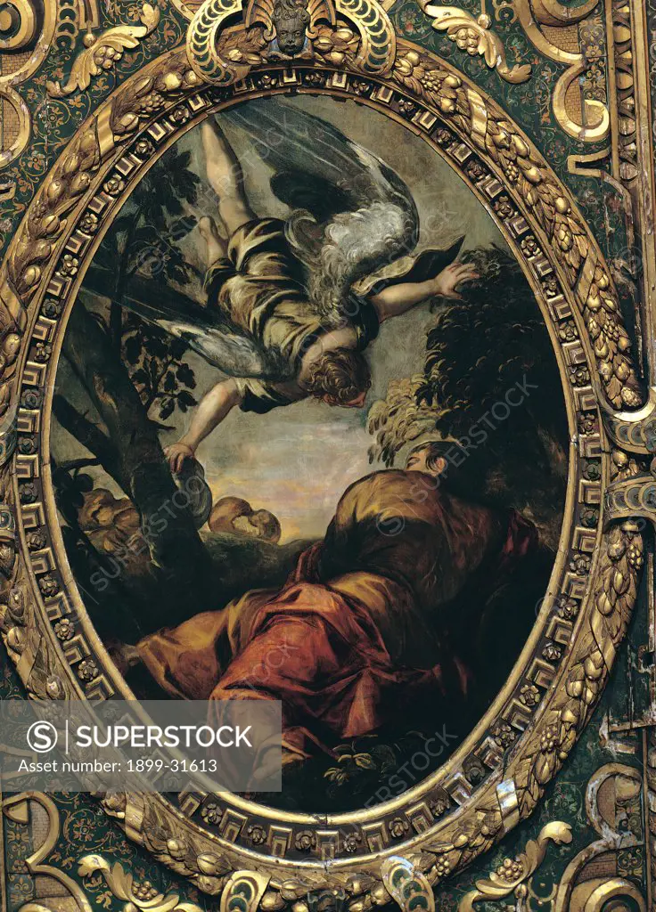 Elijah Fed by the Angel, by Robusti Jacopo known as Tintoretto, 1577, 16th Century, fresco. Italy, Veneto, Venice, Scuola Grande di San Rocco, Upper Hall. Whole artwork. Ceiling tondo Elijah prophet man shoulders clothes tree Mount Sinai angel food sky bright light yellow red white gray black green gilded carved wooden frame.