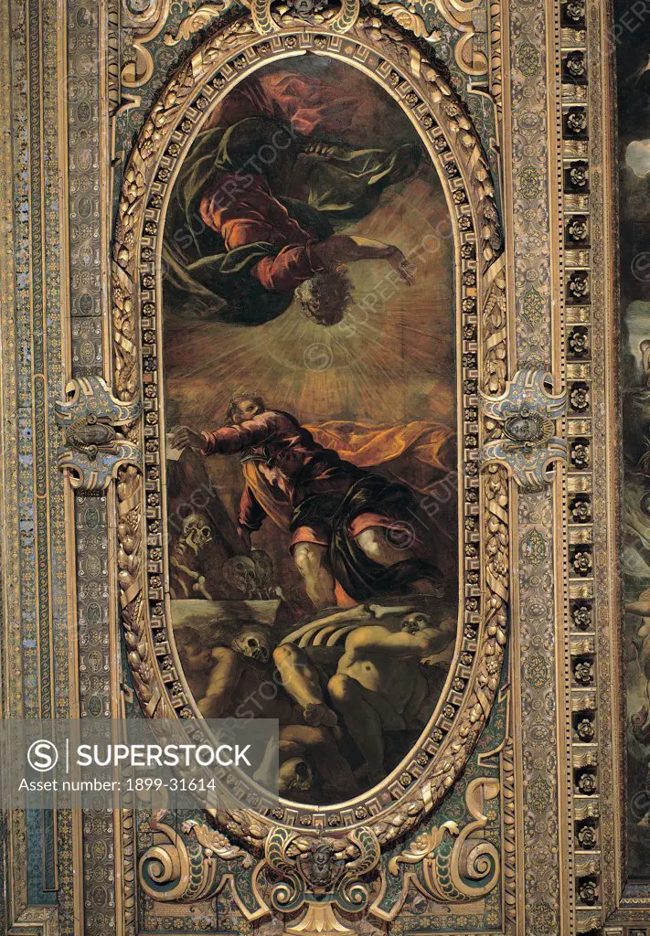 The Vision of Ezekiel, by Robusti Jacopo known as Tintoretto, 1577, 16th Century, fresco. Italy, Veneto, Venice, Scuola Grande di San Rocco, Upper Hall. Whole artwork. Ceiling oval composition gilded carved wooden frame Ezekiel prophet old man clothes: dress drapery: draping vision divine light God the Father men bodies bones skulls chiaroscuro.