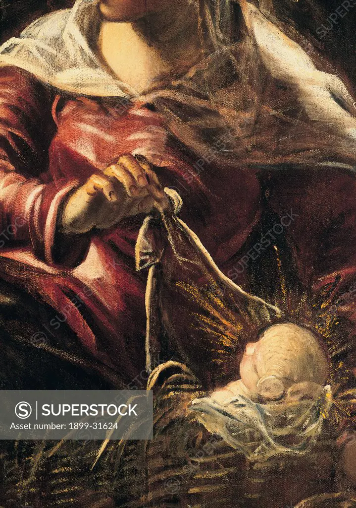 The Adoration of the Shepherds, by Robusti Jacopo known as Tintoretto, 1579, 16th Century, fresco. Italy, Veneto, Venice, Scuola Grande di San Rocco, Upper Hall. Detail. Bust Virgin Mary Madonna Child Jesus swaddling bands resting-place light newborn red white black.