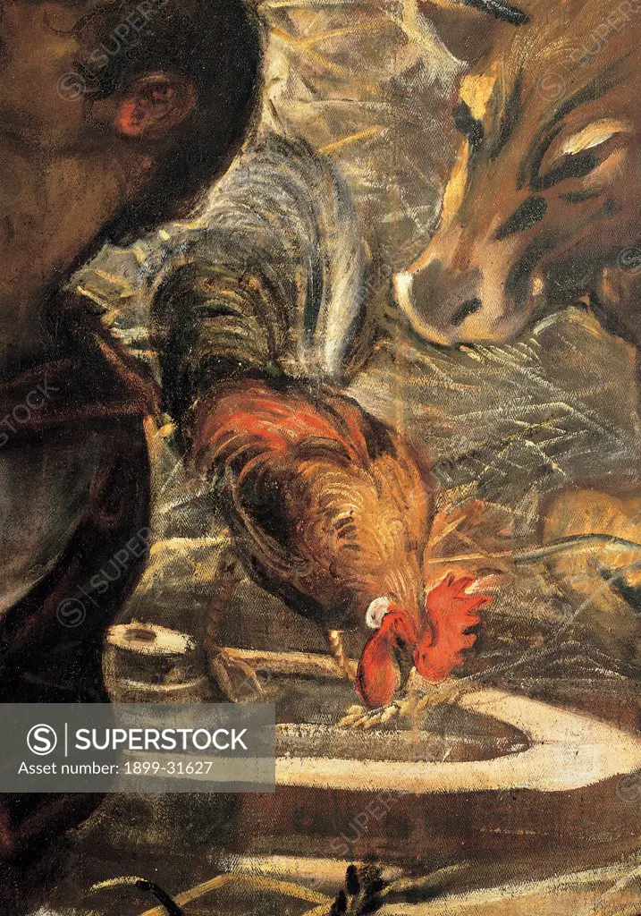 The Adoration of the Shepherds, by Robusti Jacopo known as Tintoretto, 1579, 16th Century, fresco. Italy, Veneto, Venice, Scuola Grande di San Rocco, Upper Hall. Detail. Center hen drinking boy's face.