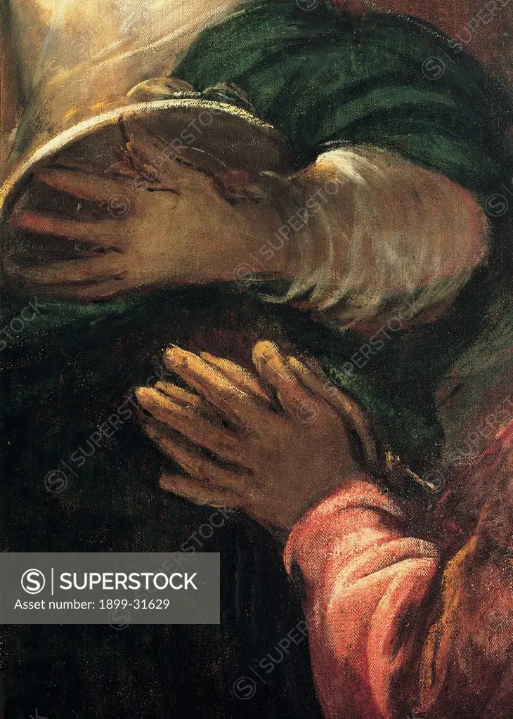 The Adoration of the Shepherds, by Robusti Jacopo known as Tintoretto, 1579, 16th Century, fresco. Italy, Veneto, Venice, Scuola Grande di San Rocco, Upper Hall. Detail. Bottom far right foreground hands of soldier praying.